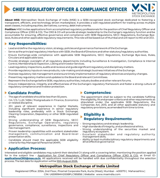 Job Opening: Chief Regulatory Officer & Compliance Officer
