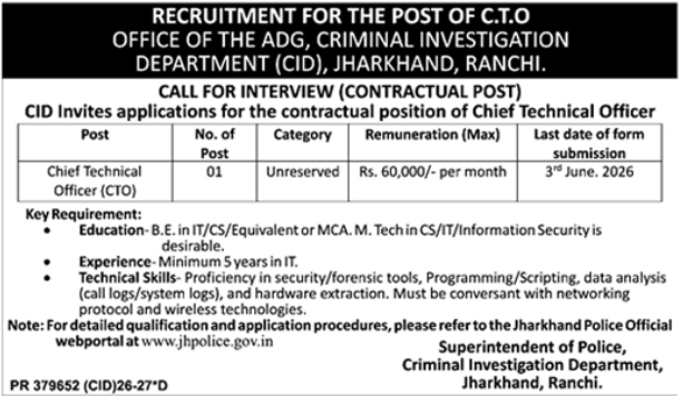 Job Opening: Chief Technical Officer (CTO) at CID Jharkhand