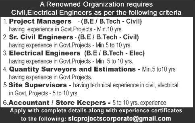 Job Opening: Civil, Electrical Engineers, Supervisors, and Accounts Staff