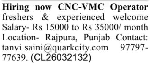 Job Opening: CNC-VMC Operator (Quark City)