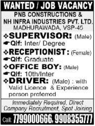 Job Opening: Construction & Infra Industry Staff