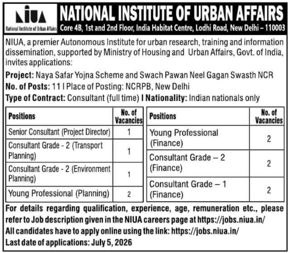 Job Opening: Consultant and Professional Vacancies at NIUA New Delhi