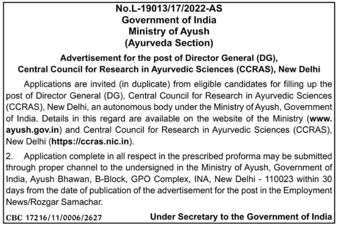 Job Opening: Director General, CCRAS New Delhi