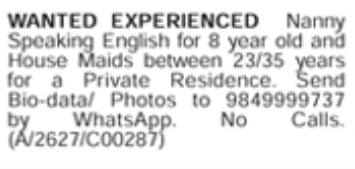Job Opening: Domestic Help & Nanny