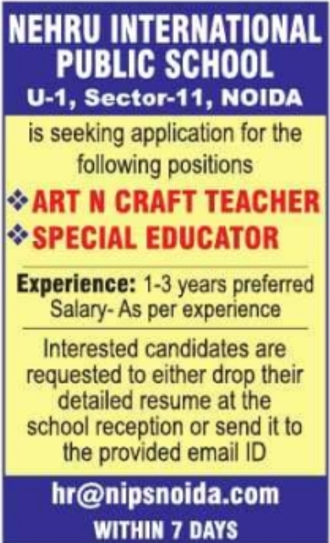 Job Opening: Educator Roles at Nehru International Public School