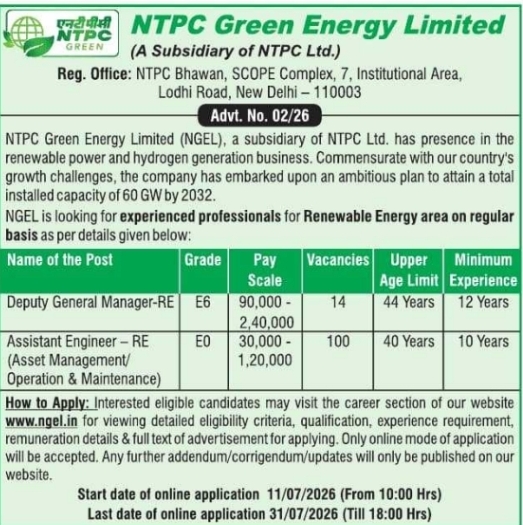 Job Opening: Engineering and Management Roles at NTPC Green Energy Limited