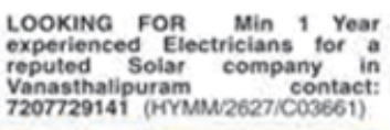 Job Opening: Experienced Electricians at Reputed Solar Company