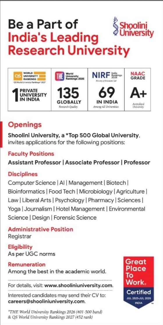Job Opening: Faculty and Administrative Positions at Shoolini University