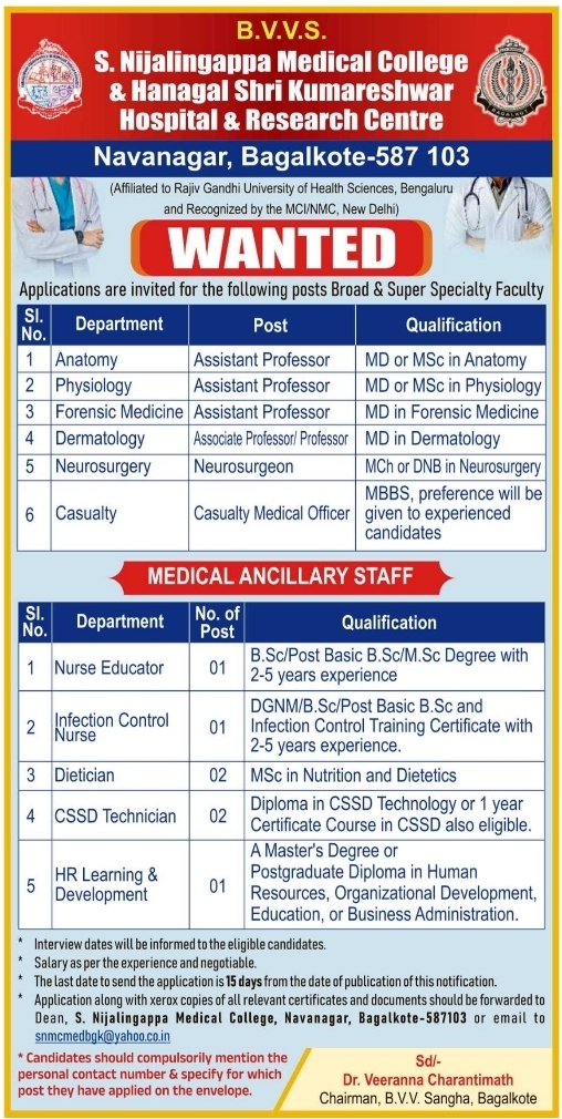 Job Opening: Faculty and Ancillary Staff at S. Nijalingappa Medical College
