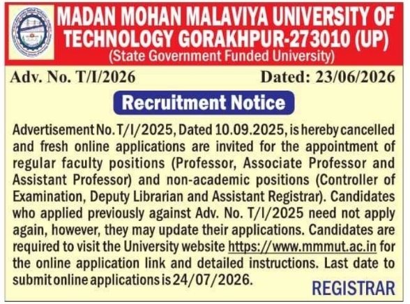 Job Opening: Faculty and Staff at MMMUT Gorakhpur