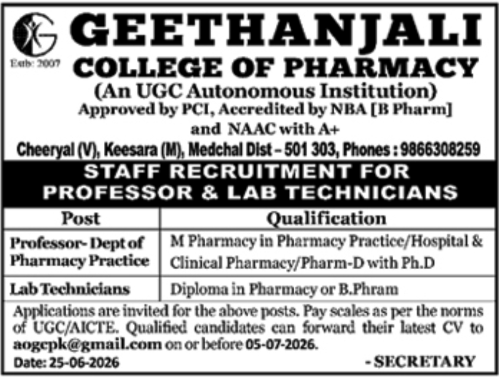 Job Opening: Faculty & Technicians at Geethanjali Pharmacy College