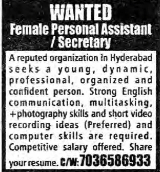 Job Opening: Female Personal Assistant or Secretary