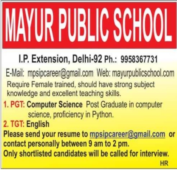 Job Opening: Female Teaching Roles at Mayur Public School