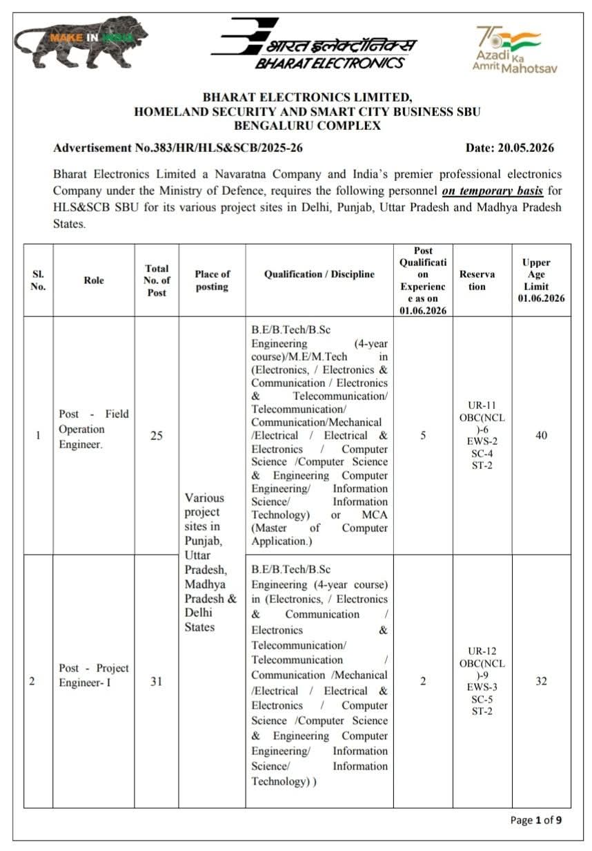 Job Opening: Field Operation & Project Engineers at BEL
