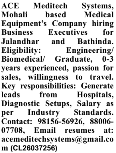 Job Opening for Business Executives by ACE Meditech Systems