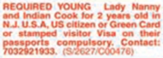 Job Opening for Lady Nanny and Indian Cook: N.J. U.S.A
