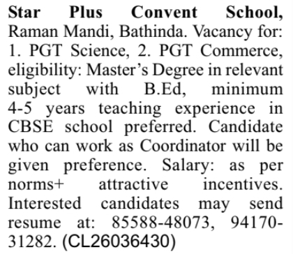 Job Opening for PGT Teachers by Star Plus Convent School