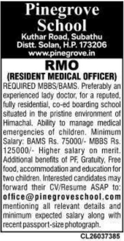 Job Opening for Resident Medical Officer by Pinegrove School