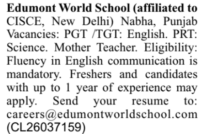 Job Opening for Teachers by Edumont World School