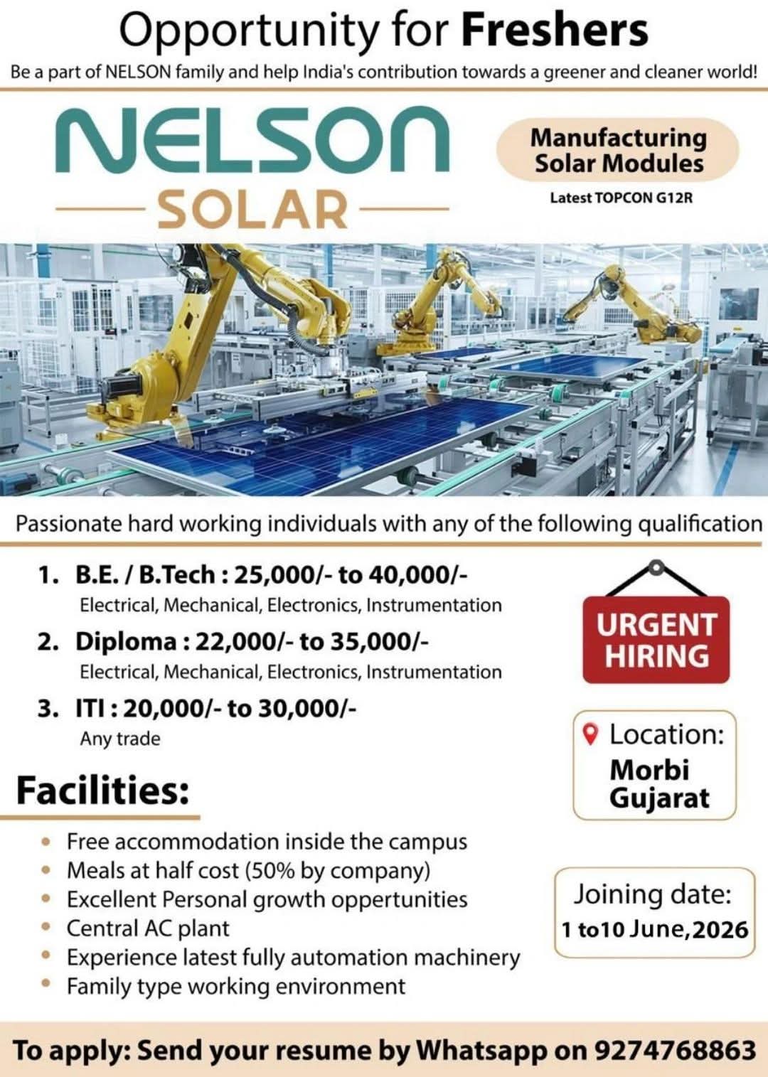 Job Opening: Freshers Hiring at Nelson Solar