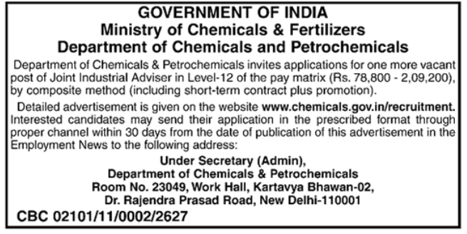 Job Opening: Joint Industrial Adviser, Ministry of Chemicals & Fertilizers