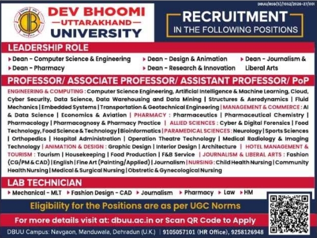 Job Opening: Leadership, Faculty, and Technician at Dev Bhoomi Uttarakhand University