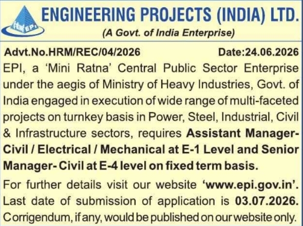 Job Opening: Management at Engineering Projects (India) Ltd.