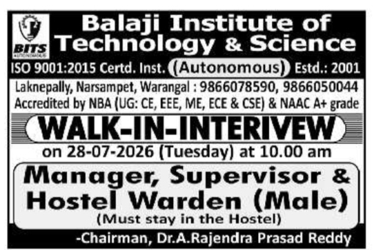 Job Opening: Manager, Supervisor, and Hostel Warden at Balaji Institute of Technology & Science