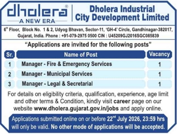 Job Opening: Managerial Positions at Dholera Industrial City Development Limited