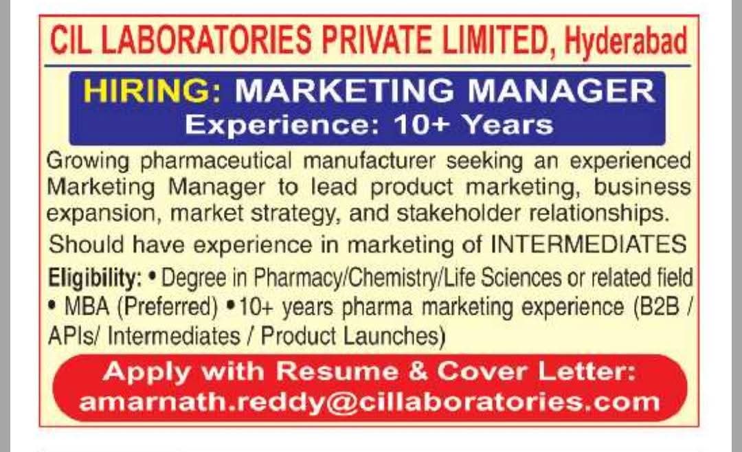 Job Opening: Marketing Manager at CIL Laboratories Private Limited