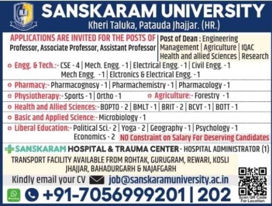 Job Opening: Multiple Faculty and Administrative Roles at Sanskaram University