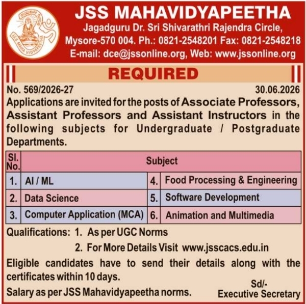 Job Opening: Multiple Faculty Positions at JSS Mahavidyapeetha