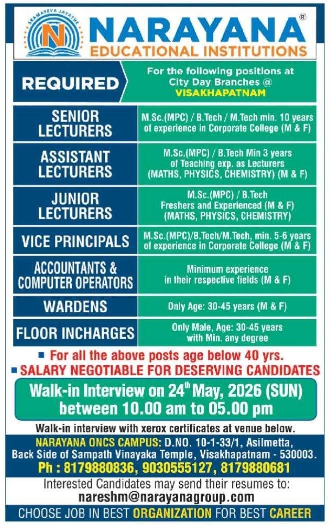 Job Opening: Multiple Positions at Narayana Educational Institutions