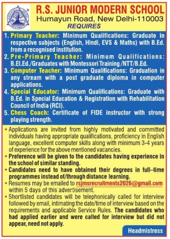 Job Opening: Multiple Positions at R.S. Junior Modern School