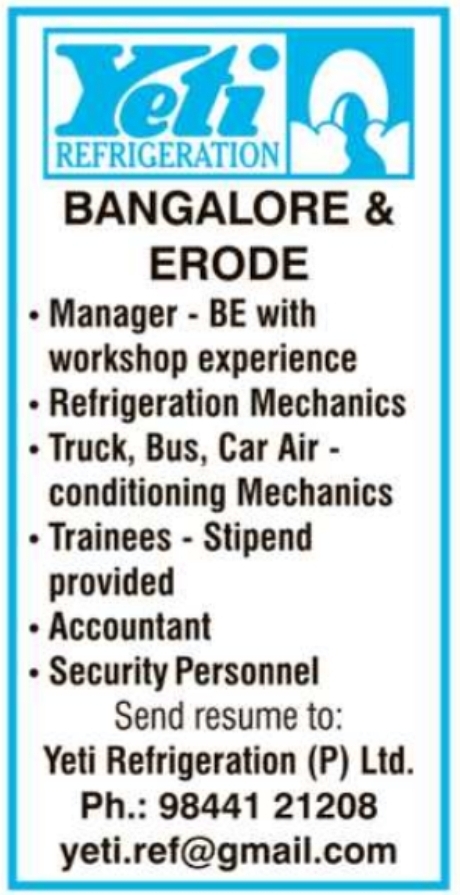 Job Opening: Multiple Positions at Yeti Refrigeration (P) Ltd.