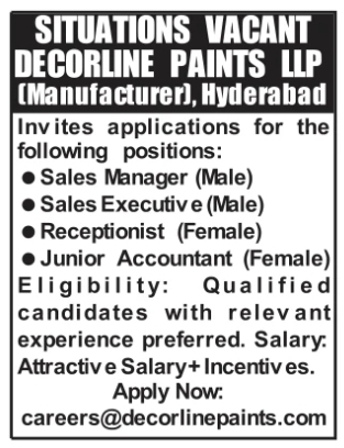 Job Opening: Multiple Positions (Sales, Receptionist & Accountant)