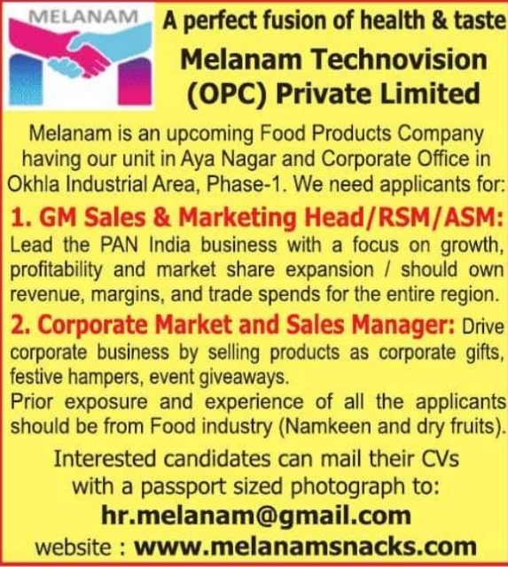 Job Opening: Multiple Sales Positions at Melanam Technovision (OPC) Private Limited