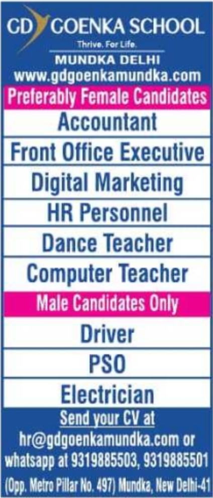 Job Opening: Multiple Staff and Teaching Roles at GD Goenka School