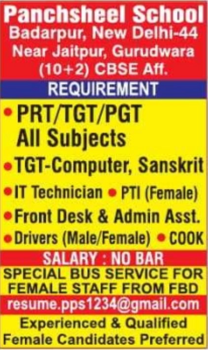 Job Opening: Multiple Teaching and Staff Roles at Panchsheel School
