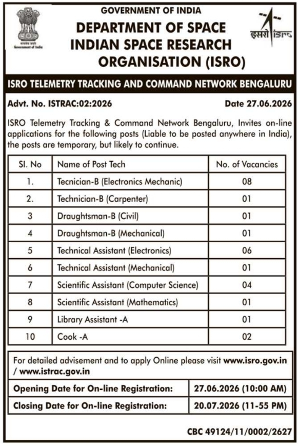 Job Opening: Multiple Technical Posts, ISRO ISTRAC Bengaluru