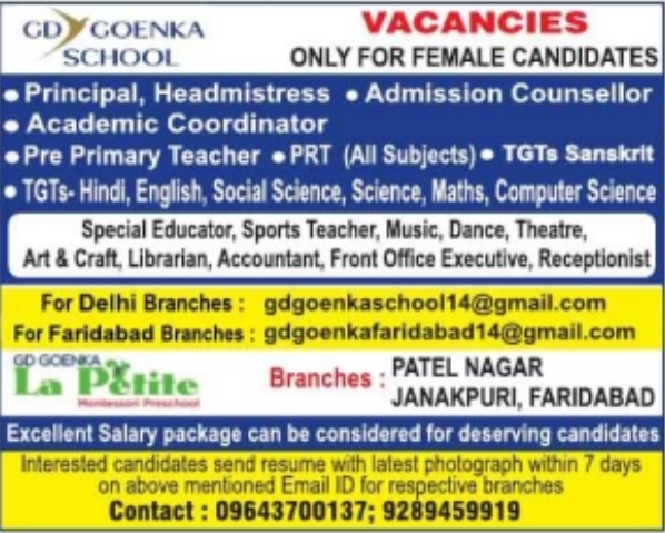 Job Opening: Multiple Vacancies at GD Goenka School