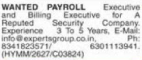 Job Opening: Payroll & Billing Executives