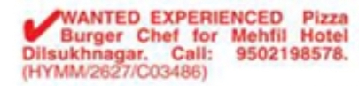 Job Opening: Pizza & Burger Chef, Dilsukhnagar