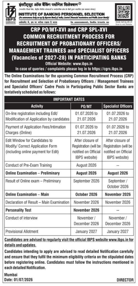 Job Opening: PO, MT, and Specialist Officers Recruitment via IBPS CRP XVI