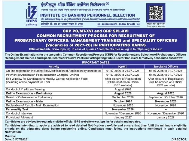 Job Opening: PO/MT and Specialist Officers Recruitment (CRP XVI) at IBPS