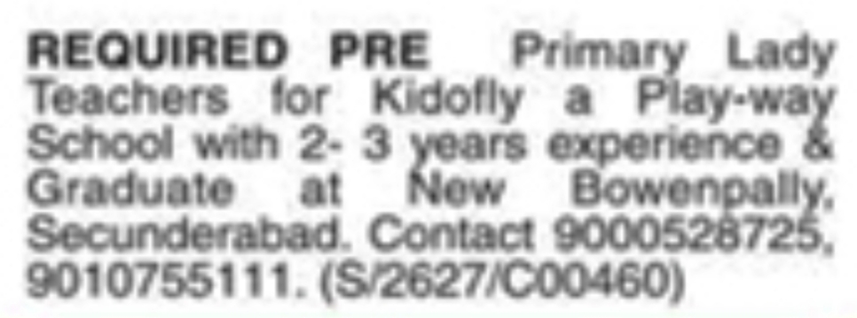 Job Opening: Pre-Primary Lady Teachers at Kidofly Play-way School