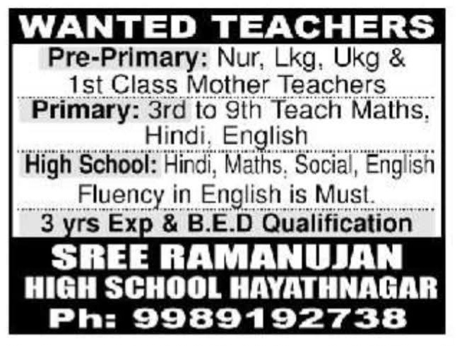 Job Opening: Pre-Primary, Primary & High School Teachers