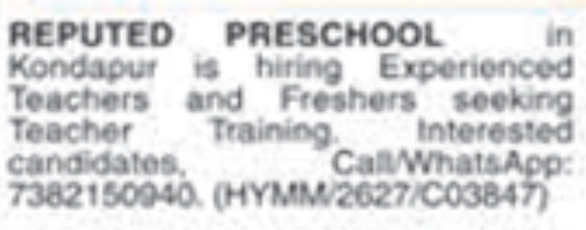 Job Opening: Preschool Teachers & Freshers