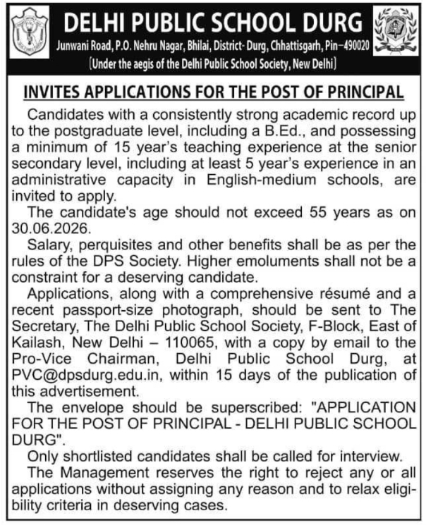 Job Opening: Principal at Delhi Public School Durg