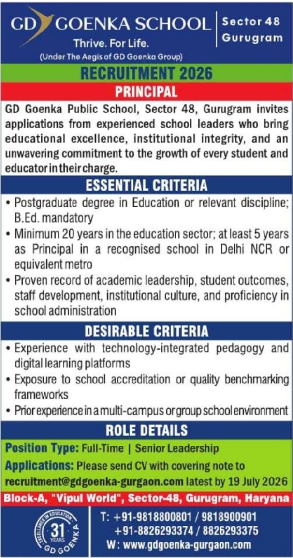 Job Opening: Principal at GD Goenka Public School